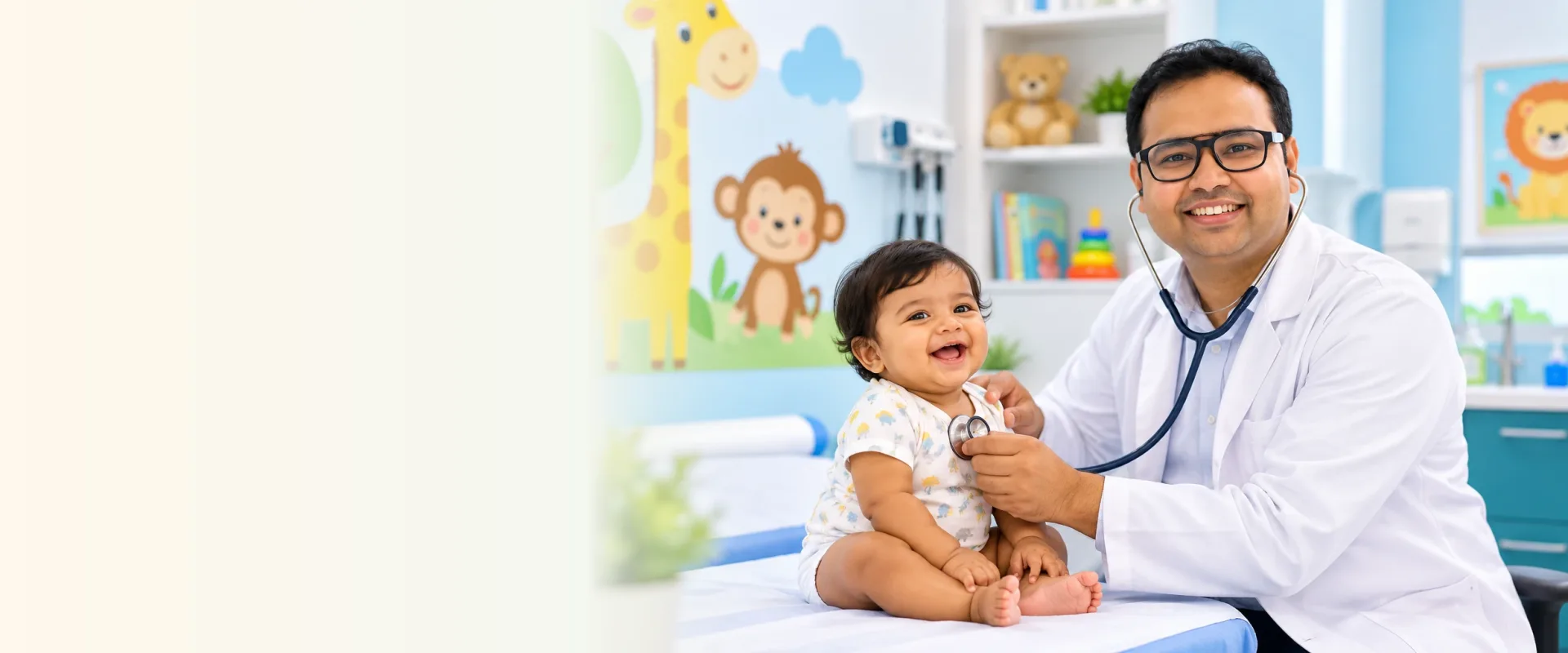 Dr. Abhishek S. Gowdar, Consultant Neonatologist, examining a smiling baby